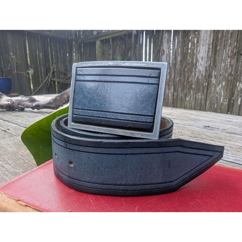 Vintage Blue Leather Belt and Buckle; 80s Belt by Arabesque Leather